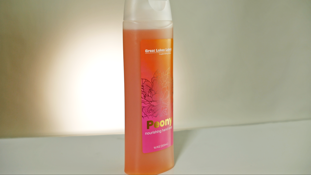 Peony hand soap label designed by Great Lakes Label with MiraFoil