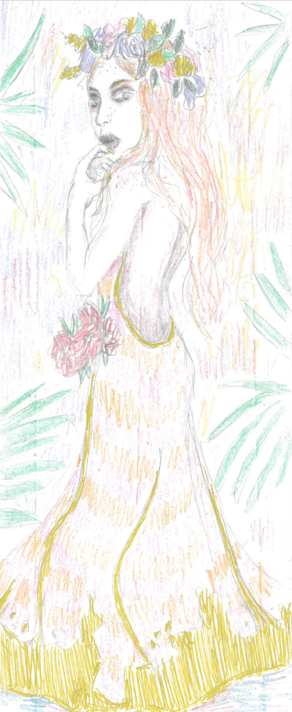 Madama Rosmerta concept drawing by April Lylte - Rosmerta wears a gown and flower crown. She looks over her shoulder with a hand up to her mouth. She's holding a bouquet.