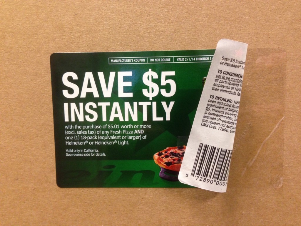 peel-off Heineken coupon IRC Label by Great Lakes Label
