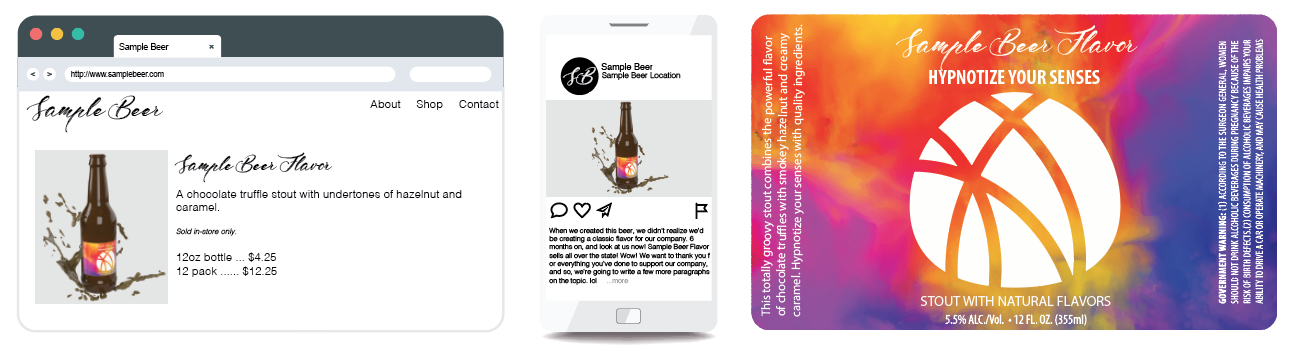 inconsistent brand voice on website, social media and label - stout beer bottle label sample